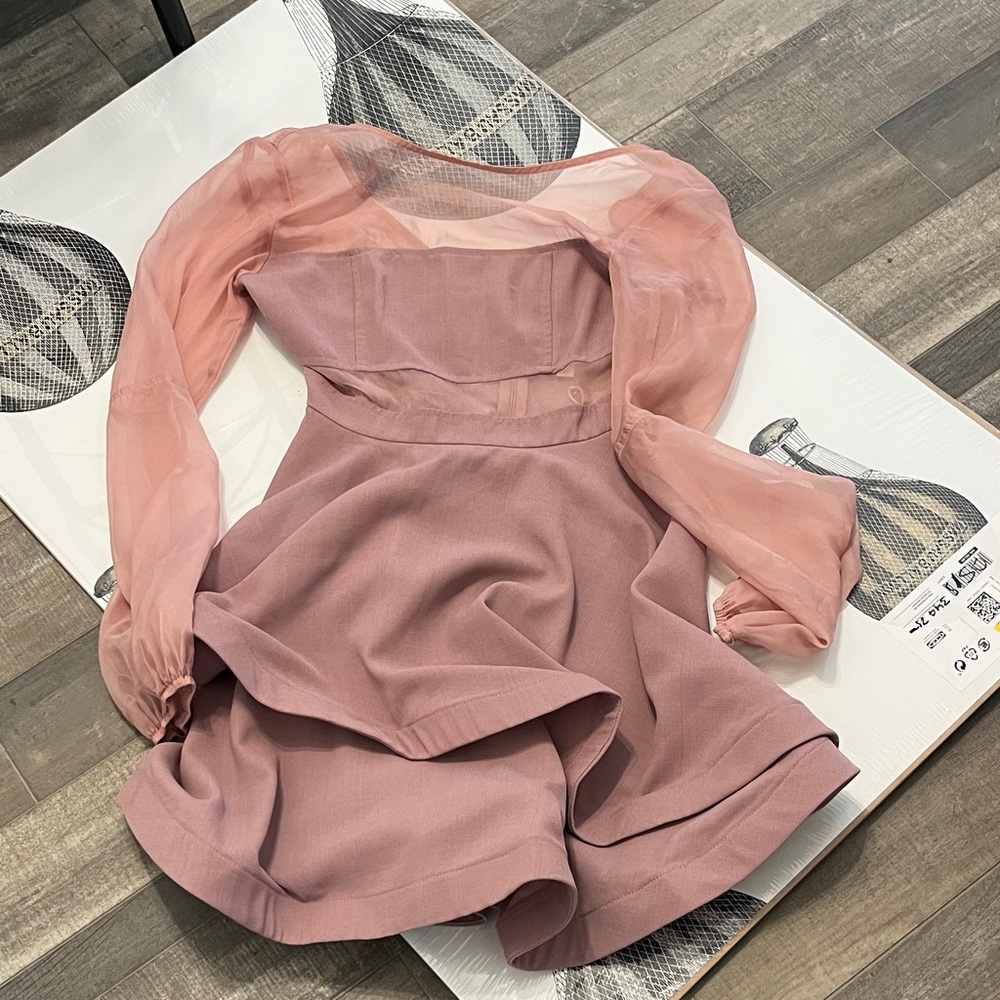 L'ATISTE Mauve Dress with Sheer Pink Sleeves